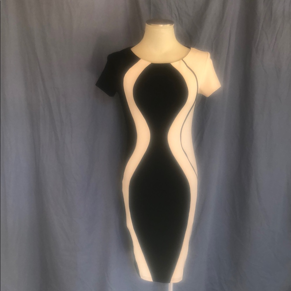 Black and Cream Bodycon Dress with Cap Sleeves